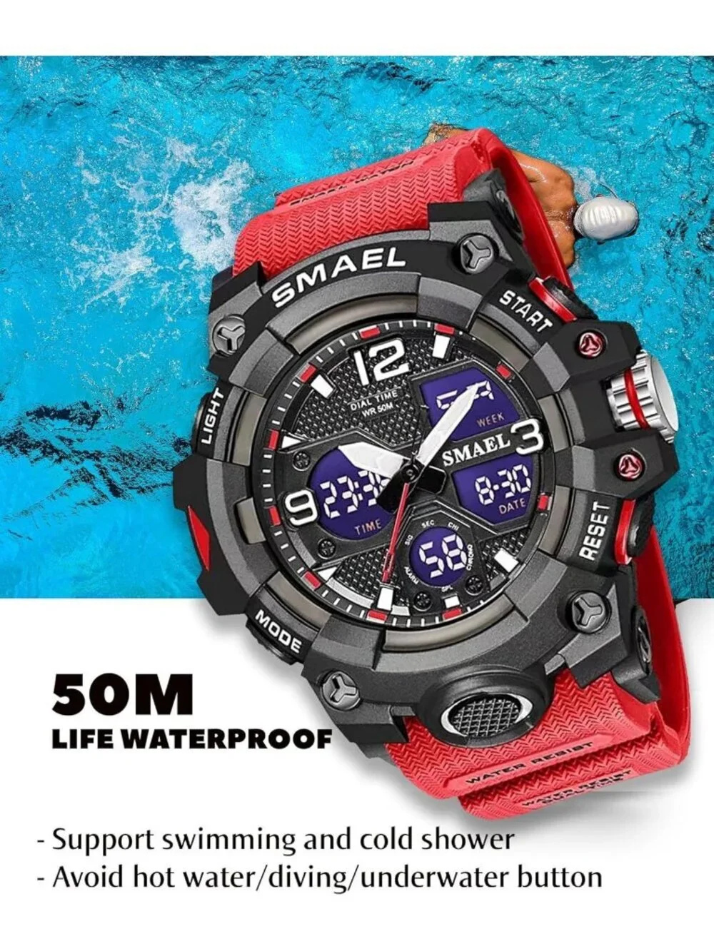 Mens Black Red Analog Quartz S-Shock Waterproof Outdoor Sports LED Digital Watch